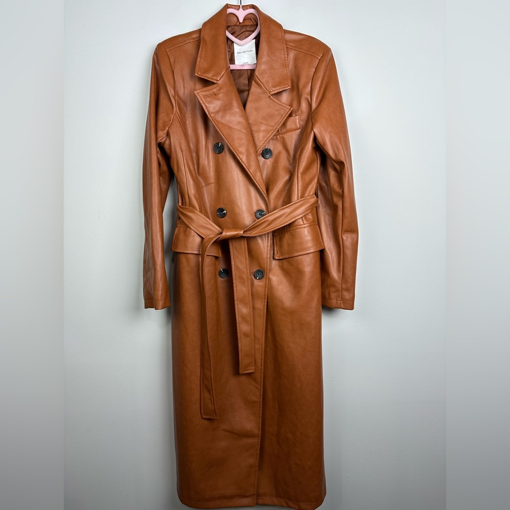 Avec Les Filles Brown Faux Leather Tie Waist Trench Coat Size Medium
